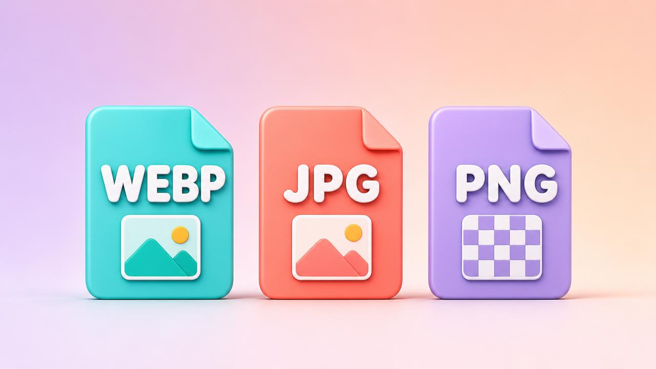 Three translucent image file cards representing WEBP, JPG and PNG