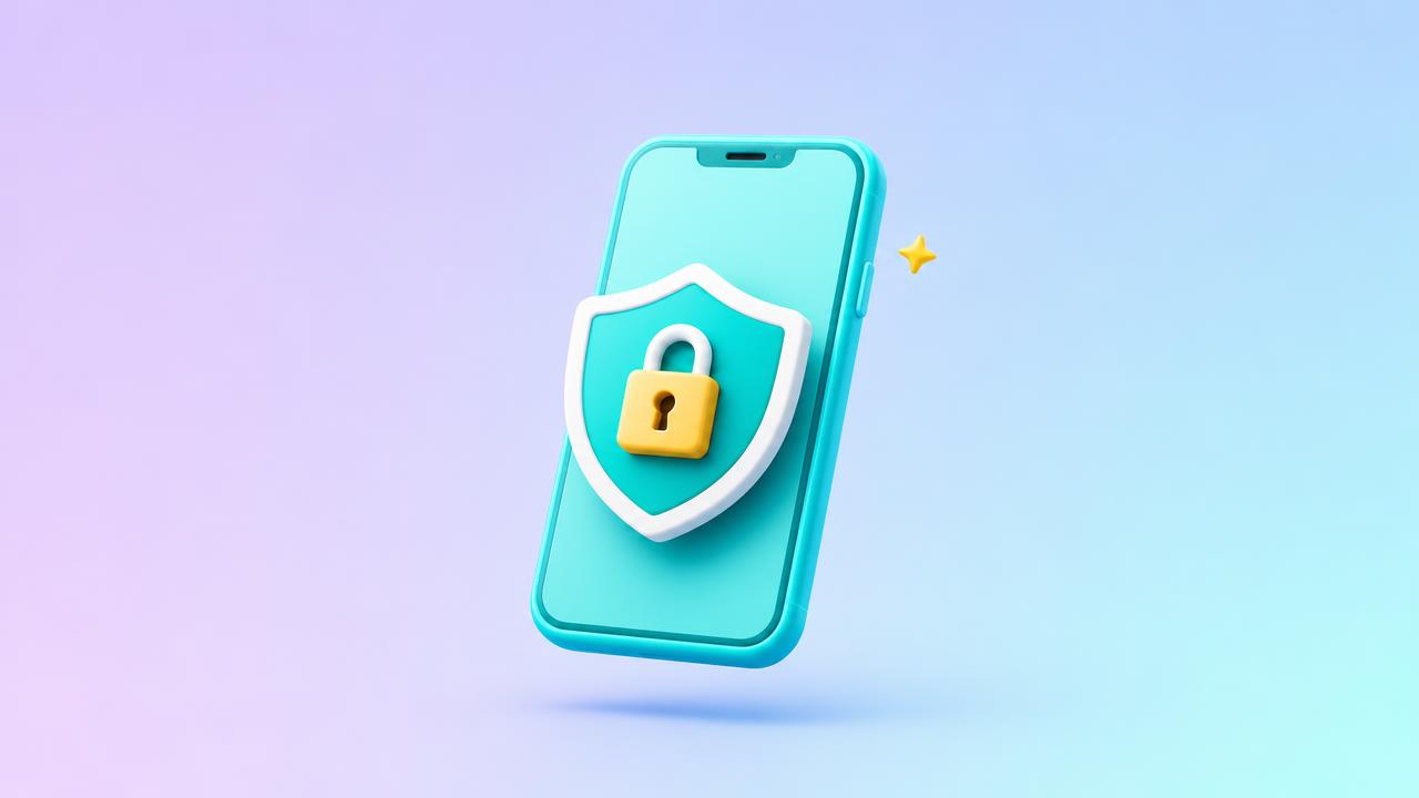 Cartoon 3D illustration of a phone with a cheerful shield and privacy lock icon